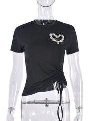 Rhinestone Hollow out Drawstring Casual love T shirt