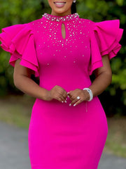 Fashion Beaded Ruffle Sleeve Evening Dress