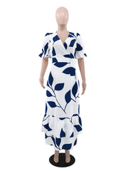 Casual V-neck Print Ruffle Hem Maxi Dress