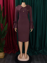 V Neck Long Sleeve Cocktail Party Midi Dress