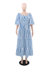 Casual Striped Print Patchwork V-neck Midi Dress