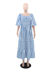 Casual Striped Print Patchwork V-neck Midi Dress