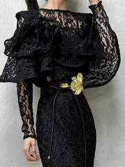 Fashion Lace Hollow Out See Through Slim Blouse