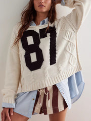Casual Crew Neck Knit Number Pullover Sweater