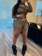 Round Collar Print Stretch Top Skinny Shorts Sets