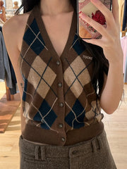 Vintage Button Halter Backless Sweater Top