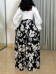 Casual Print Lace-up Crop Top Wide Leg Pants Set