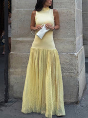 High Collar Polka Dot Sheer Mesh Patchwork Maxi Dress