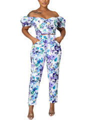Fashion Print Off-shoulder Crop Top Pants Sets