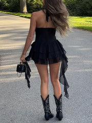Sexy V Neck Halter Lace-up Mesh Romper