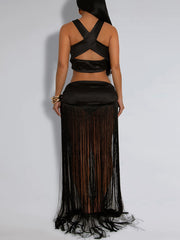Sexy Crop Tube Top Fringe Maxi Skirt Two Piece Set