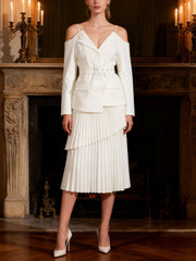 Elegant Off-shoulder Blazer and Pleated Skirt Set