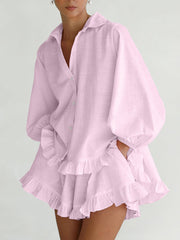 Striped Lapel Bubble Sleeve Ruffle Shorts Set