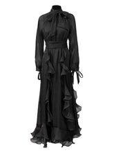 Elegant Lantern Sleeve Ruffle Cinched Waist Maxi Dress