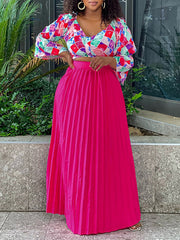 Sexy Print Crop Top And Pleated Skirt Sets