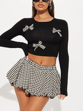 Casual Bowknot Crop Top Plaid Bubble Skirt Sets