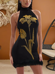 Sexy Rhinestones Halter Fur Trim Slim Mini Dress