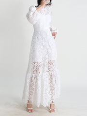 Elegant Floral Embroidered Hollow Ruffle Maxi Dress