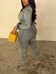 Casual Denim Cropped Jacket Elastic Slim Jeans Set