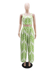 Casual Print Strap Vest Straight Pants Two Piece Set