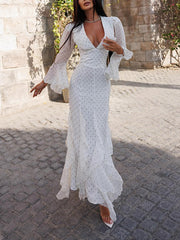 Sexy Slim Print Flare Sleeve Ruffles Maxi Dress