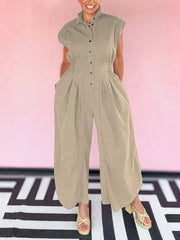 Casual Sleeveless Button Down Cinched Waist Jumpsuit