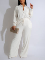 Button Front Lettuce Trim Shirt Wide Leg Pants Sets