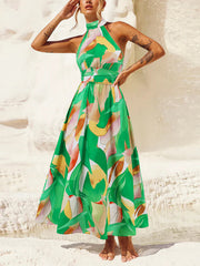 Fshion Halter Print Sleeveless Long Dress