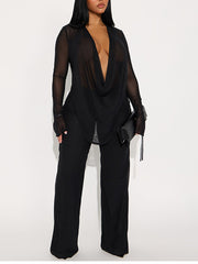 Fashion Cowl Neck Mesh Sheer Top And Pant Sets