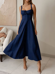 Elegant Sleeveless Lace-up Denim Suspenders Dress