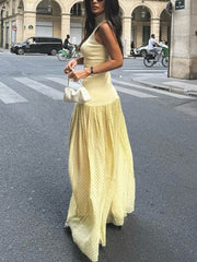 High Collar Polka Dot Sheer Mesh Patchwork Maxi Dress