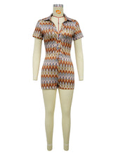 Casual Print Buckle Turndown Collar Skinny Rompers