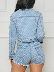 Denim Ripped Cropped Jacket and Shorts Casual Set