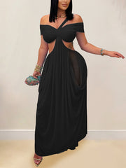 Sexy Strapless See-Through Ruched Mesh Maxi Dress