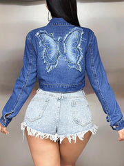Fashion Butterfly Appliques Cropped Denim Jacket