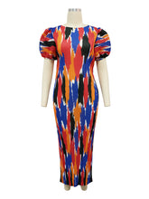 Fashion Print Pleated O Neck Midi Dress