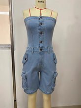 Sexy Strapless Denim Cargo Romper