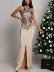 Sexy Sleeveless Ruched Sequin Split Bodycon Dress