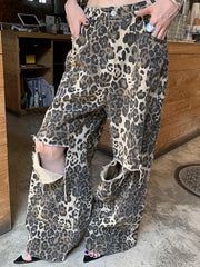 Fashion Leopard Print Ripped Straight Jeans