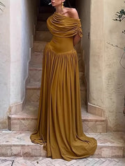 Elegant Sloping Shoulder Pleated Slim Maxi Dress