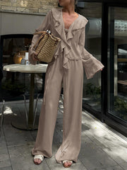 Casual V-Neck Ruffles Lace-up Shirt Wide Leg Pants Sets