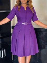 Elegant V Neck High Waist Belt Pleated Dress
