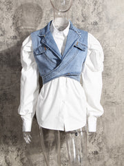 Fashion Loose Button Down Shirt With Denim Vest Sets