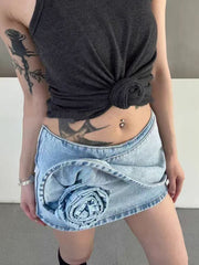 Fashion Rose Flower Embellishment Denim Mini Skirt
