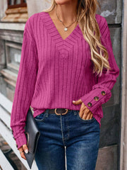 Casual Long Sleeve V Neck Knit Rib Pullover Sweatshirt