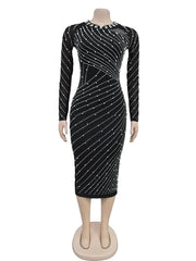 Sexy Striped Rhinestone Split Back Bodycon Dress