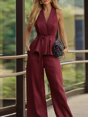 Fashion Tie-up Halter Backless Top Straight Pants Set