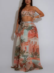 Fashion Print Strapless Crop Top And Maxi Skirt Sets