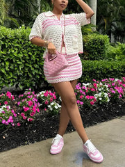 Casual Stripe Turn-down Collar Skirt Two Pieces Set