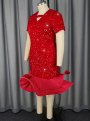 O Neck Long Sleeve Sequin Ruffles Midi Dresses